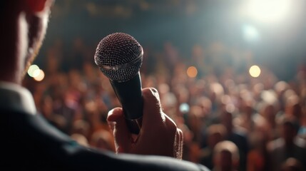 The Microphone Held by a Speaker Facing a Large Blurred Audience in Spotlight
