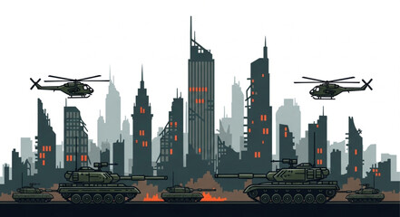 City Skyline with Helicopters and Tanks.