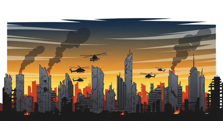 City Skyline with Helicopters Flying.