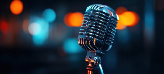 The microphone on stage with vintage chrome design and colorful bokeh lights background
