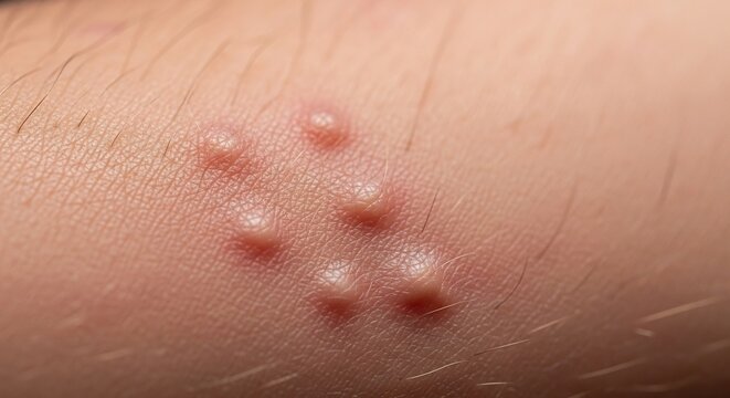 Close-up of a cluster of small red fluid-filled blisters on human skin.