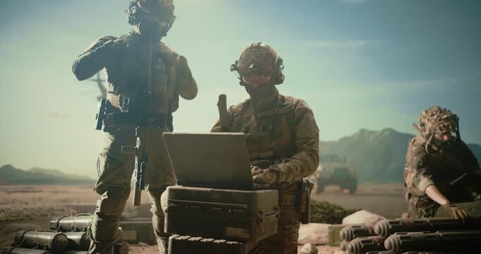 Special Forces Soldiers Conduct Military Operation, Using Battlefield Computers and Surveillance Systems to Track Targets, Coordinate Reconnaissance, Manage Precision Strike in Desert, Modern Warfare 