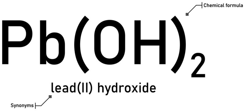 Lead (II) hydroxide chemical formula with callout titles