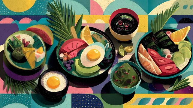 Filipino Food Month celebration, flat illustration, fusion of Memphis geometric shapes and boho organic motifs, colorful spread of iconic Filipino dishes like adobo, halo-halo, lumpia and rice