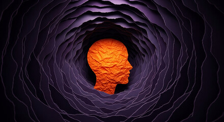 Fototapeta premium Orange crumpled paper head silhouette inside layered purple paper tunnel, representing introspection, depth, complexity, and the layers of human mind