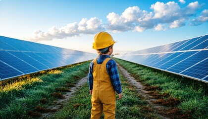 Young boy in hard hat standing in front of solar panels in a green field