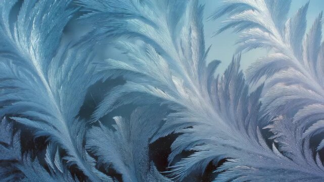 Delicate frost patterns resembling feathery leaves cover a glass surface in a mesmerizing winter scene. Intricate icy textures create a magical and serene seasonal atmosphere