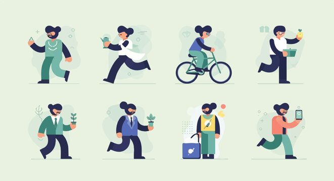 Diverse figures in motion, engaging in various activities and holding items