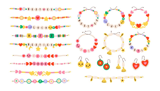 Friendship bracelet jewelry in Y2K retro style. Colorful beaded accessories for kids fashion and playful design. Trendy 2000s jewelry aesthetic for girls, handmade craft.