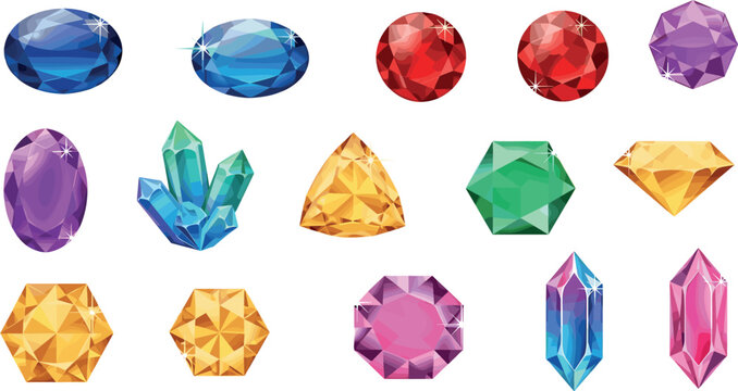 Colorful gemstone and crystal collection with faceted diamonds quartz minerals shiny jewel shapes luxury vector illustration set