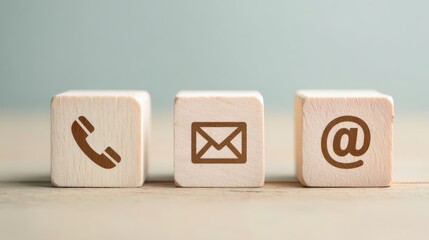 The wooden blocks displaying phone mail and email symbols for communication