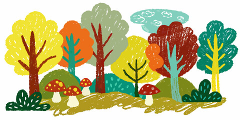 Colorful illustration of a forest with trees and vibrant mushrooms © Rathindranath