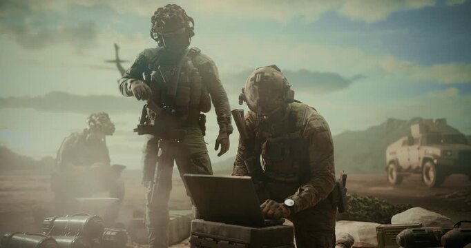 Special Forces Operators Using Laptop for Target Surveillance, Geolocation, Strike Coordination While a Helicopter and Armored Vehicle Support the Mission in a Middle East Combat War Military