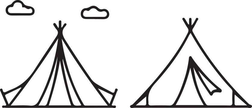 Simple line drawing of two teepees with clouds