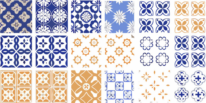 A colorful collection of repeating floral and geometric tile patterns