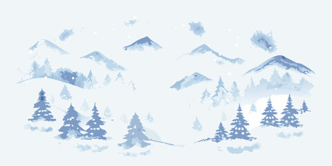 Watercolor painting of snow capped mountains and evergreen trees © Rathindranath