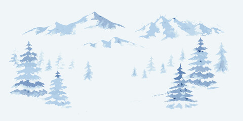 Watercolor painting of blue mountains pine trees and snowy peaks © Rathindranath
