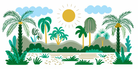 A stylized tropical landscape with palm trees sun and rolling hills © Rathindranath