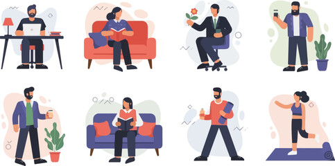 Fototapeta premium Diverse people engage in various activities like working, reading, and exercising