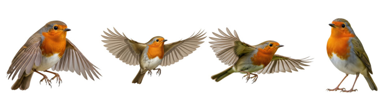 Photographic collection of European robins in various poses, including in flight, isolated on a transparent background.