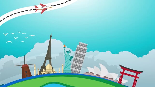 4K Horizontal Global Travel Background with Animated Flight Path. 16:9 Teal Blue Tourism Header with Pyramids and Map Pins for Booking Apps