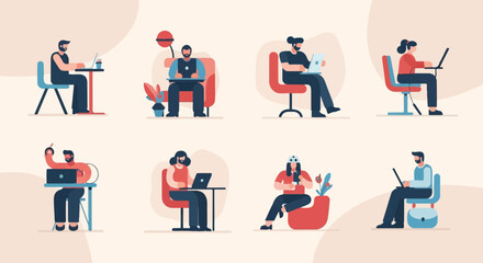 Fototapeta premium Diverse individuals work and relax using laptops and phones in stylized settings