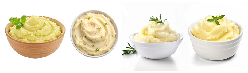 Smooth and creamy mashed potatoes, tastefully garnished with fresh herbs and butter, served in...