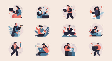 Fototapeta premium Diverse people engaged in various modern activities and professions, depicted in flat illustration style