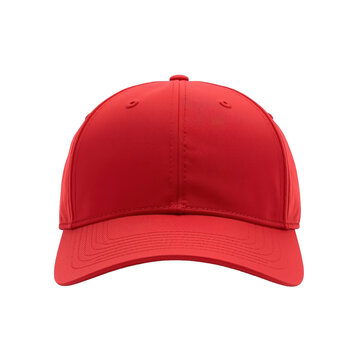 Front view of a red baseball cap with a clean, simple design that highlights its structure.