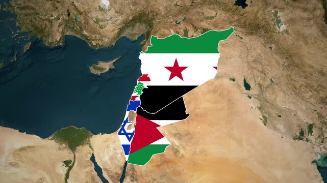 Middle Eastern country flags displayed on a satellite map animation footage