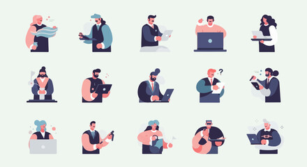Fototapeta premium Diverse professionals working with devices and papers in a minimalist style