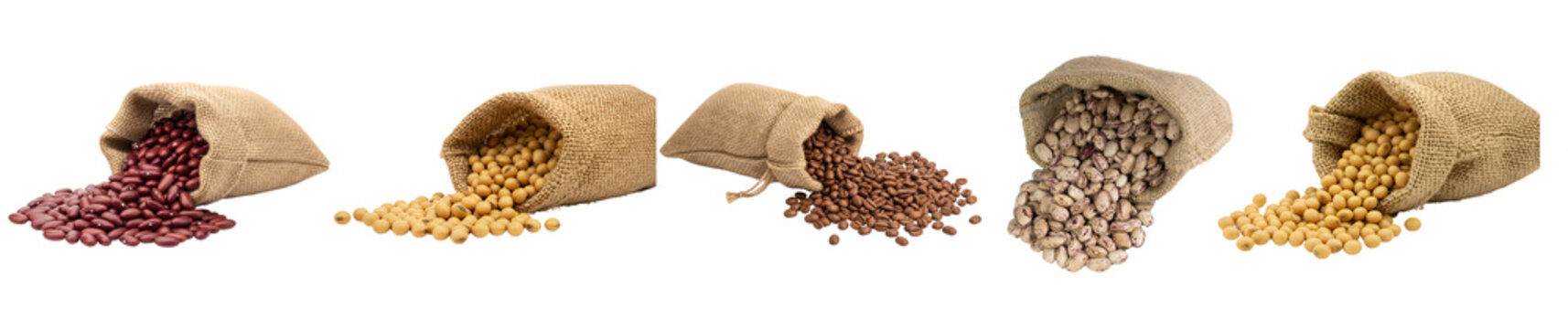 Variety of natural beans and seeds spilling from rustic burlap bags, showcasing organic healthy foods.