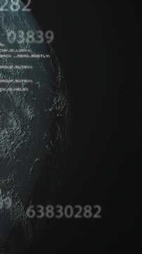 Vertical video: Detailed globe entering left, rotating, numbers drifting over limb for space data