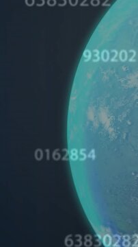 Vertical video: Data starting, planet revealing day side while telemetry digits scanning globe