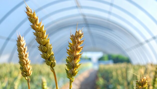 Close-up of golden genetically engineered super grain stalks shimmering with mature kernels under a protective greenhouse structure, symbolizing agricultural innovation and food security.