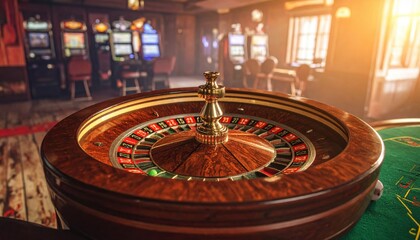 Close-up view of a vintage brass roulette wheel with a slightly tarnished finish, set in a luxurious casino interior with blurred slot machines and warm lighting, evoking classic gambling excitement.