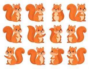 Fototapeta premium Cartoon Squirrels in Various Poses Illustration.