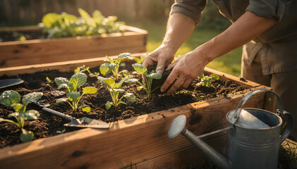 Fototapeta premium Hands gently planting young green seedlings into rich organic soil within a rustic wooden raised garden bed under warm, golden hour sunlight