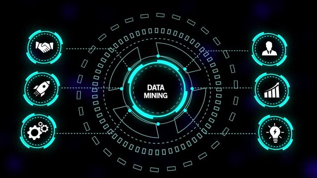 Futuristic HUD interface displaying DATAMINING concept with connected business and technology icons