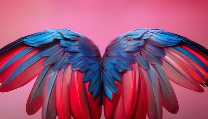 Obraz premium exquisite scarlet bird wing art concept vibrant abstract wings in red and blue against a pink background