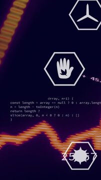 Hand hex appearing and activating data dashboard, moving waveform, scrolling code, showing metrics