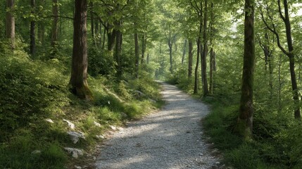 Obraz premium Stone path winding through a lush green forest. Scenic nature trail in a sunny woodland. Tranquil outdoor landscape concept for environmental conservation, travel and peaceful exploration.
