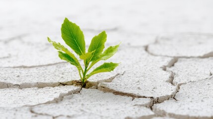 Naklejka premium Small green plant sprouting through dry cracked earth. New life growing in parched soil. Symbol of hope, resilience, and environmental conservation against climate change and global warming.