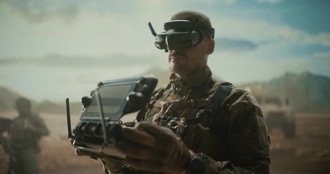Drone Controlling Soldier Uses FPV Headset to Direct AI UAV Reconnaissance, Target Hit, Enemy Tracking, Route Security, Battlefield Surveillance During a Military Desert War