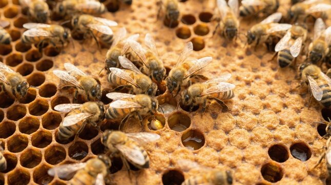 Honey bees diligently working on a golden honeycomb, tending to the developing larvae and storing honey within the hexagonal cells, showcasing a vibrant bee colony