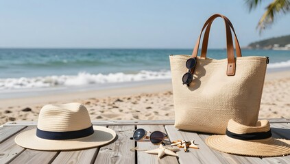 Fototapeta premium Beach essentials arranged on a wooden surface overlooking the ocean in summer sunshine