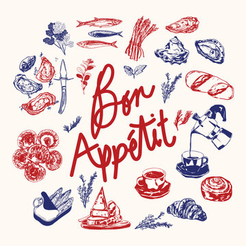 Retro Bon Appetit French Food Doodles Illustration with Pastries Wine and Cheese