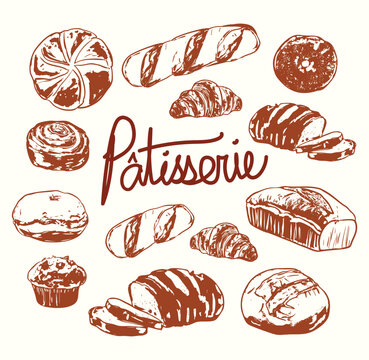 French Patisserie Bread Set Illustration with Croissants, Baguettes and Pastries