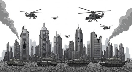 Cityscape with helicopters and smoke. © HAFIS