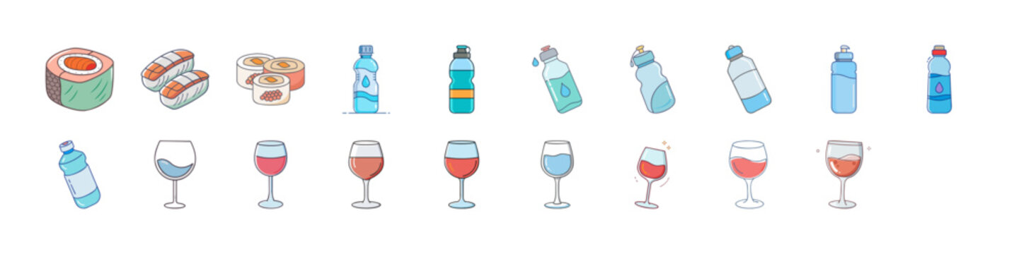 Flat Food and Drink Icons Sushi Bottles Wine - Colorful flat icon collection featuring sushi, sandwiches, water bottles and wine glasses representing food, beverages, dining and restaurant menu graphi